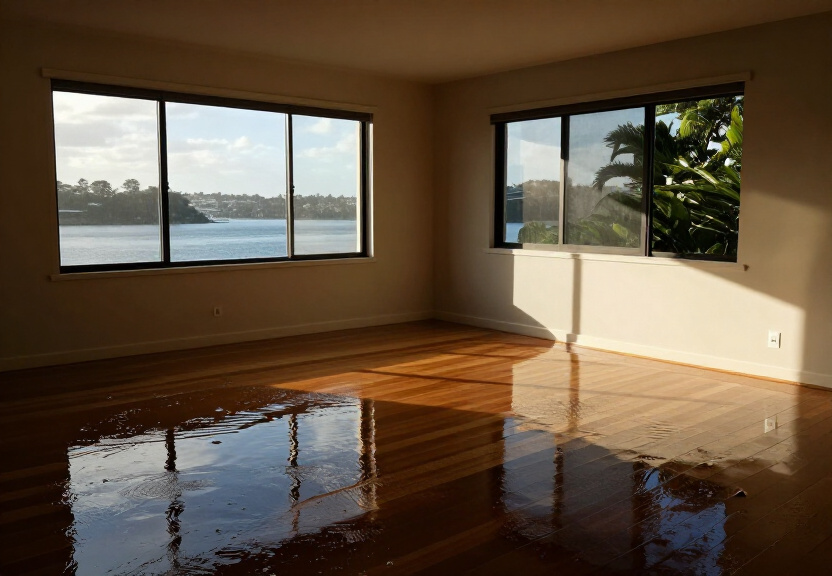 Flood-damaged living room in Mount Pritchard before restoration